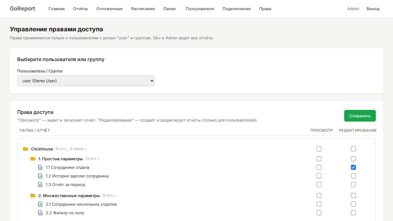 Права доступа: просмотр и редактирование